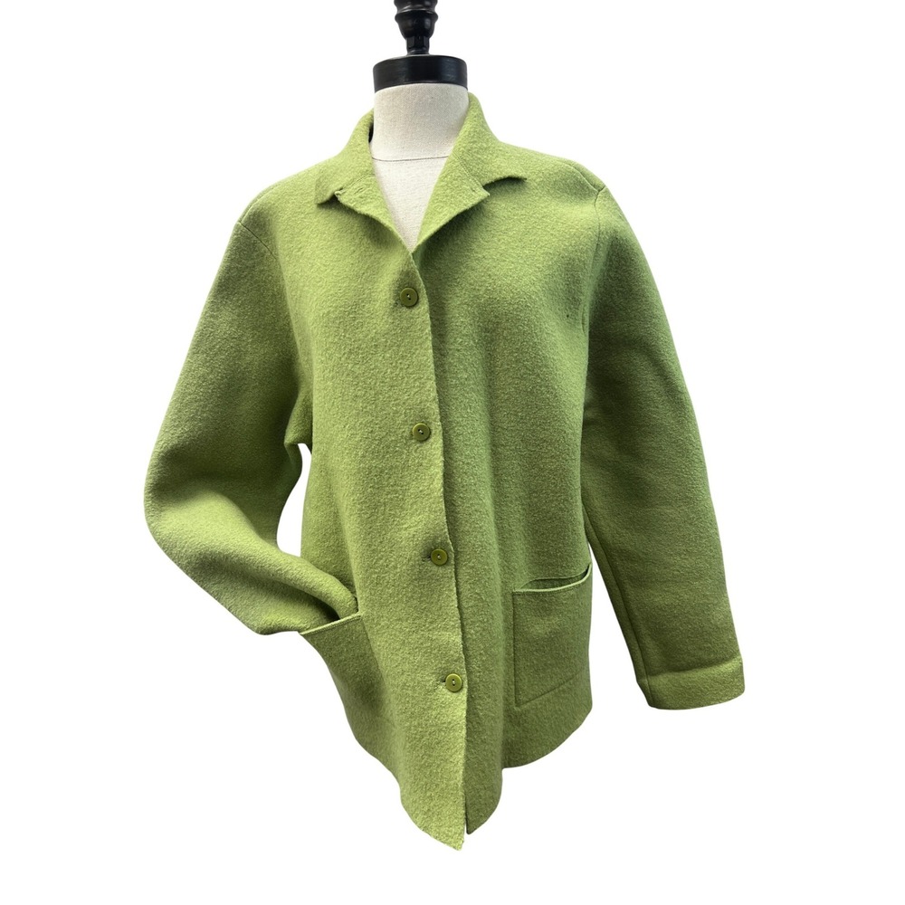 Eileen Fisher Boiled Wool Jacket Women L Lime Green Good Button Front Pockets